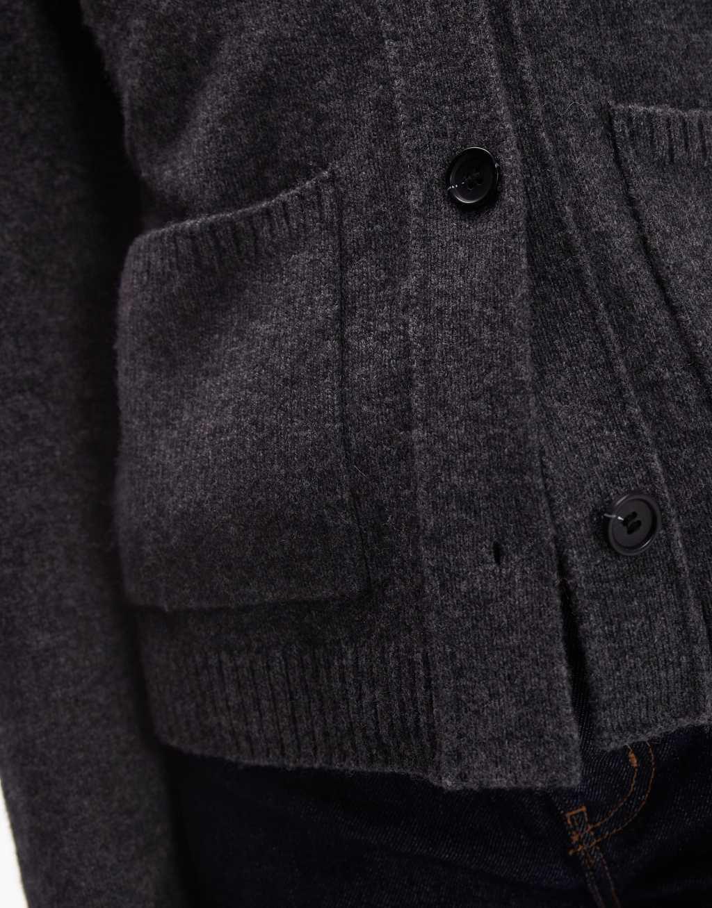 ARKET textured yarn wool cardigan with v-neck and front pockets in dark gray Product Image