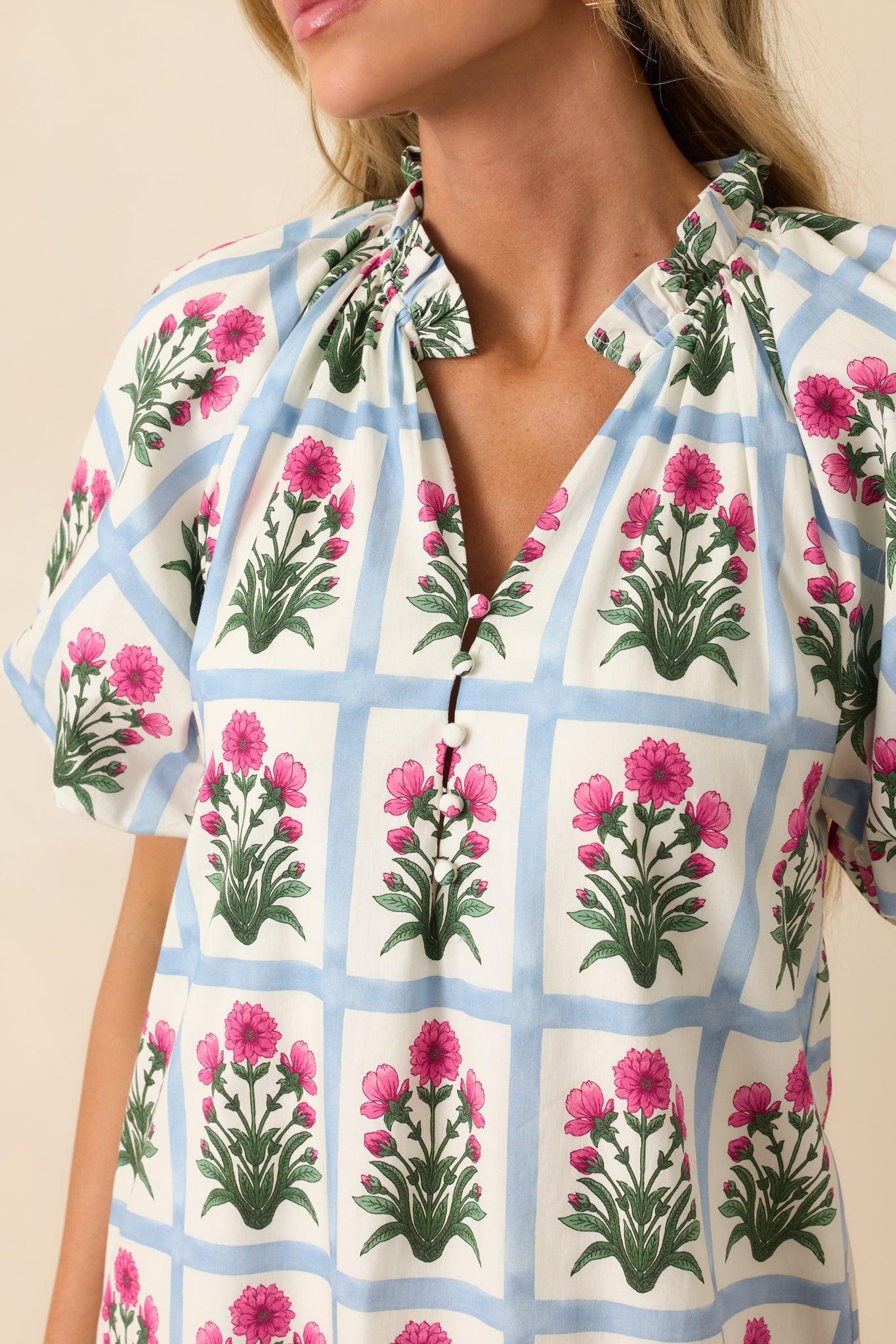 Staying Hopeful Dark Fuchsia Geometric Floral Print Cotton Mini Dress Product Image