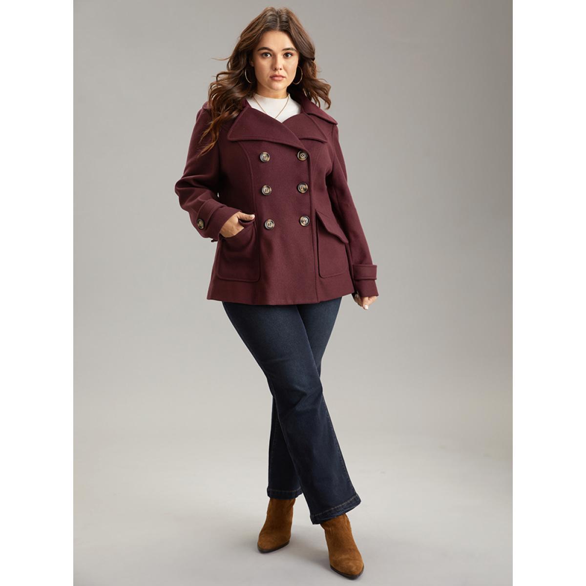 Plus Size Lapel Collar Double Breasted Flap Pocket Jacket Women Eggplant Lined Pocket Dailywear Jackets BloomChic 26/4X Product Image
