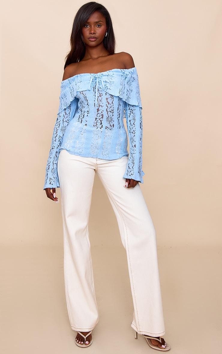 Sky Blue Fitted Lace Flared Sleeve Bardot Top Product Image