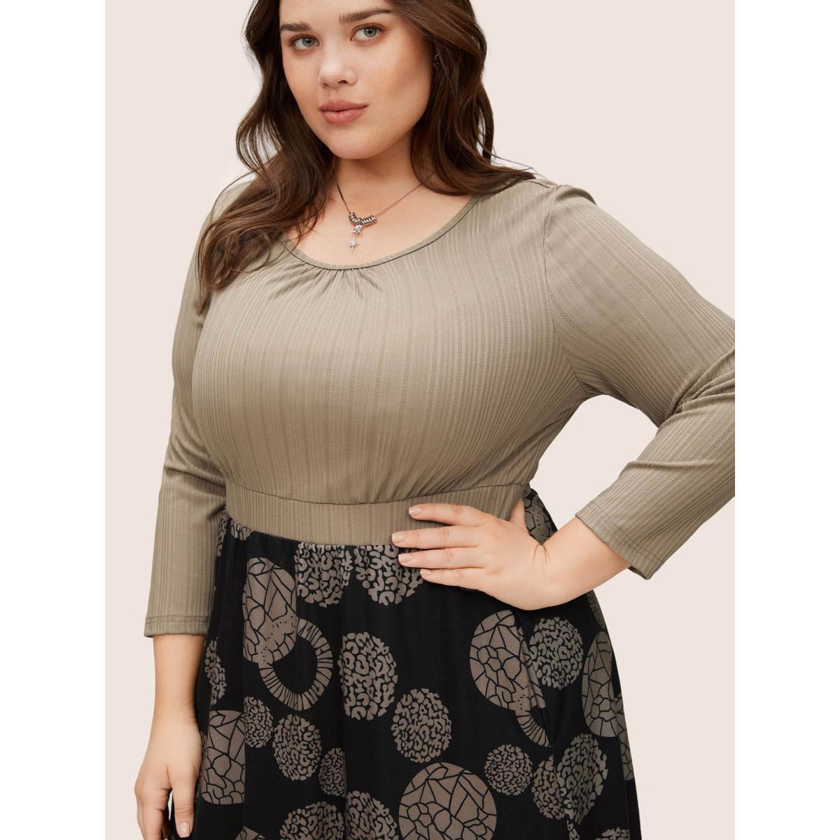 Plus Size Leopard Geometric Print Pocket Patchwork Dress Tan Women At the Office Non Round Neck Elbow-length sleeve Curvy Midi Dress BloomChic 14-16/1X Product Image