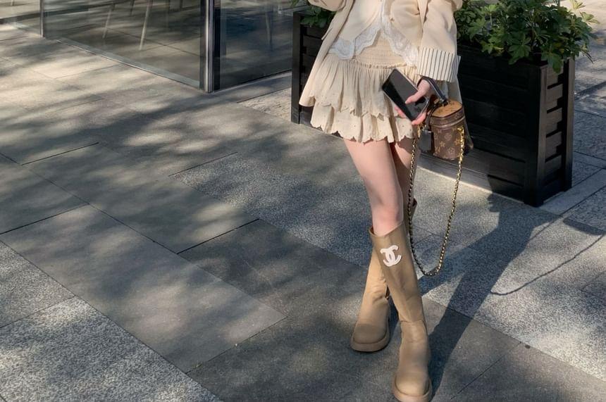 V-Neck Lace Trim Button-Up Cardigan / High Waist Plain Embroidered Eyelet Mini A-Line Skirt Product Image