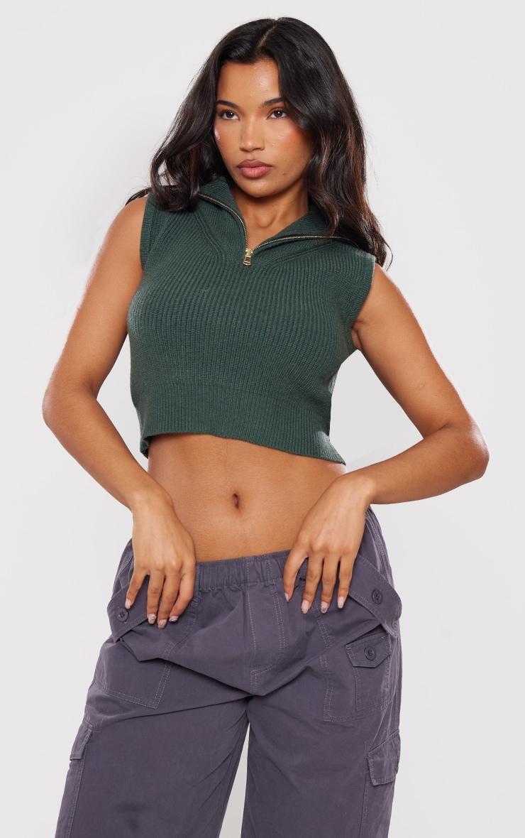 Deep Teal High Neck Half Zip Knit Sleeveless Top Product Image
