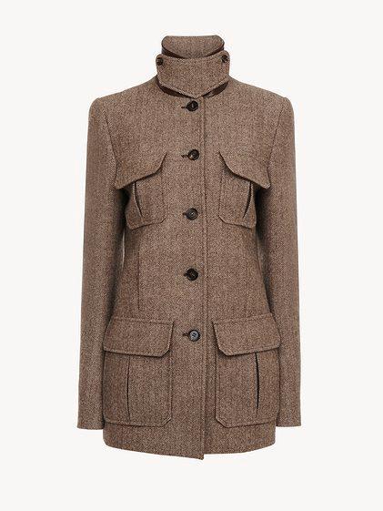 Long officer jacket in herringbone wool Product Image