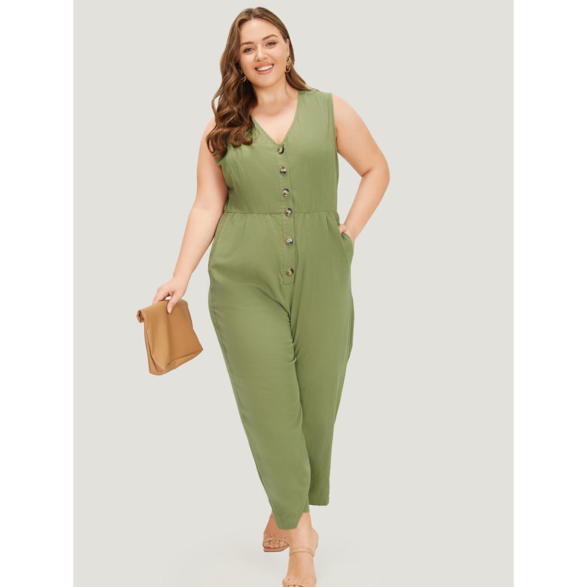 Plus Size Sage Plain Pocket Button Through Tank Jumpsuit Women Office Sleeveless V-neck Work Loose Jumpsuits BloomChic 18-20/2X Product Image