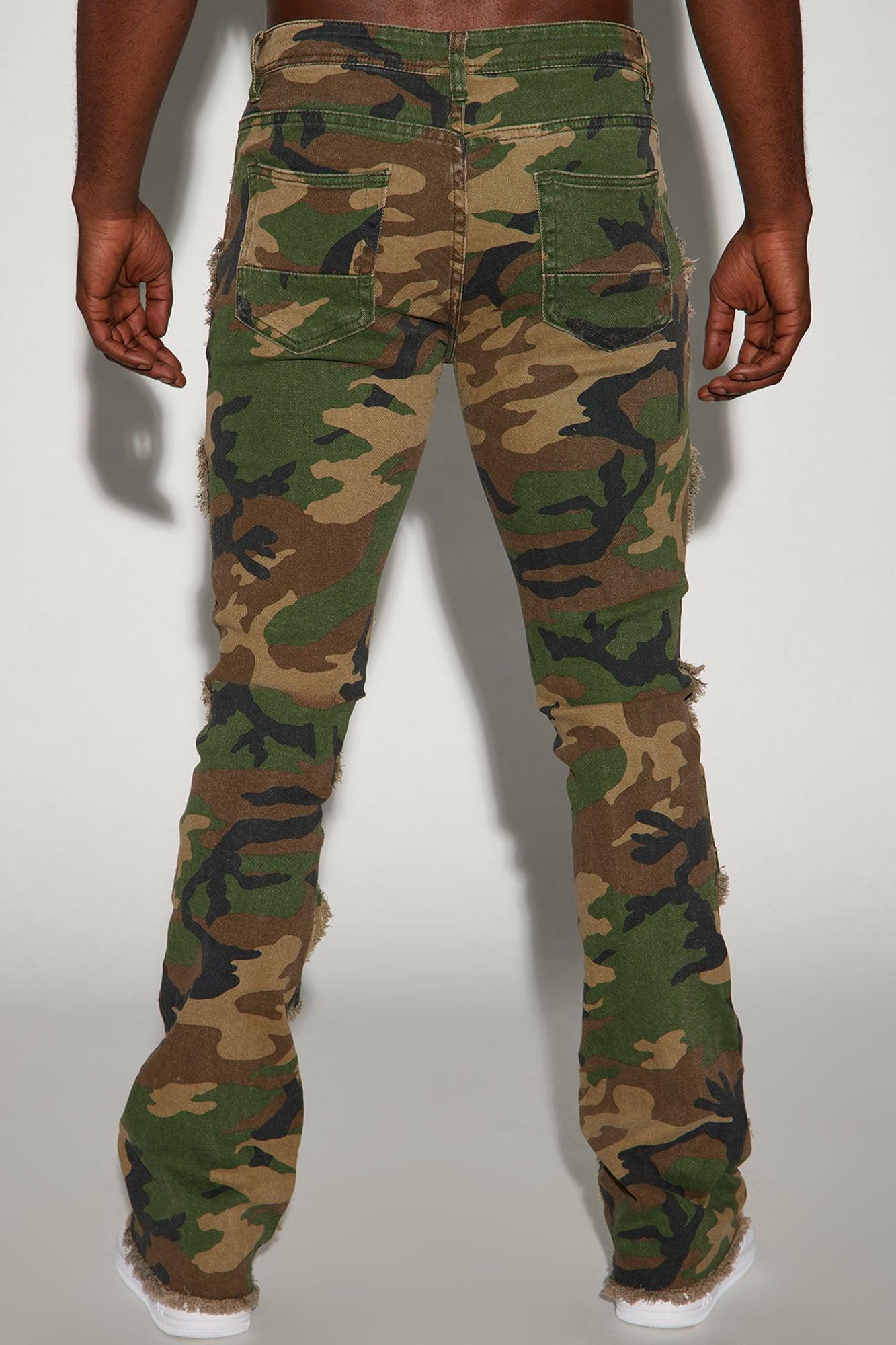 Slanted Fray Stacked Skinny Flare Jeans - Camouflage Product Image