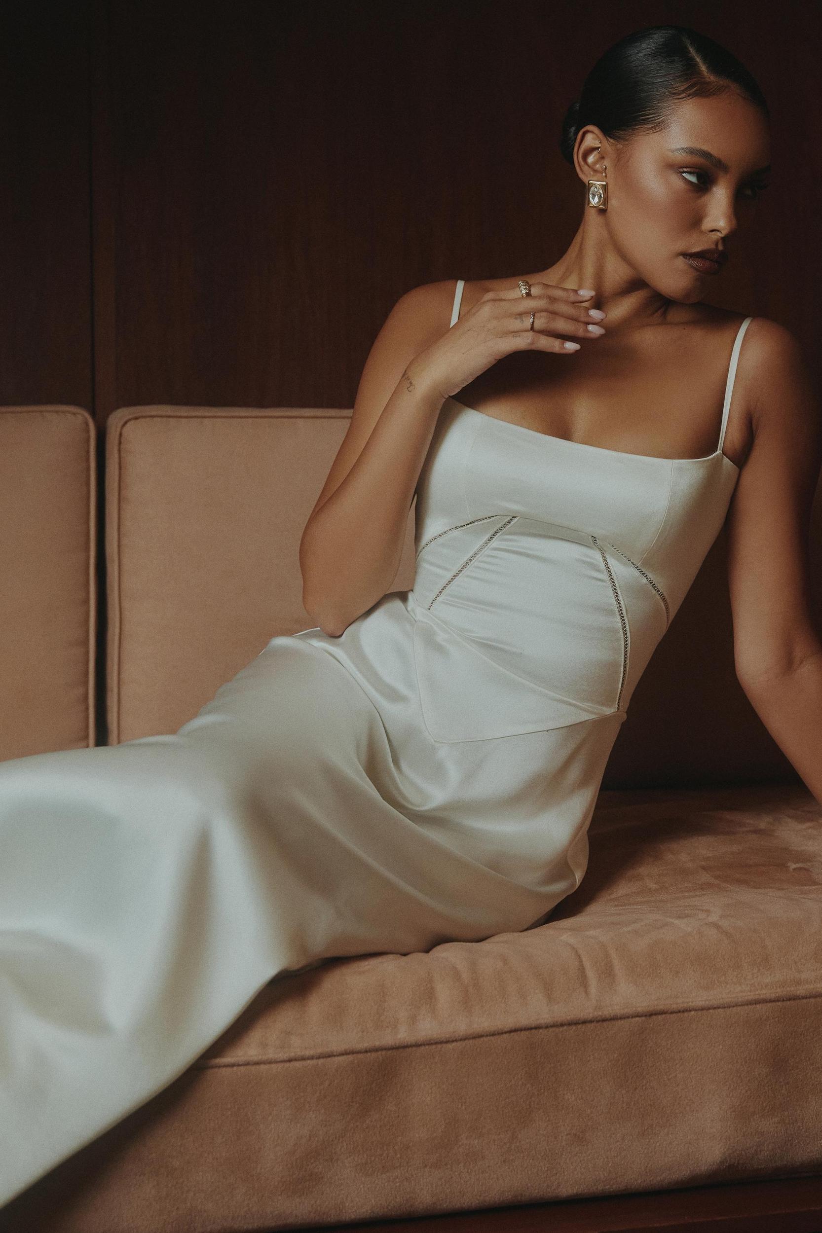 Anabella Ivory Satin Lace Up Maxi Dress Product Image