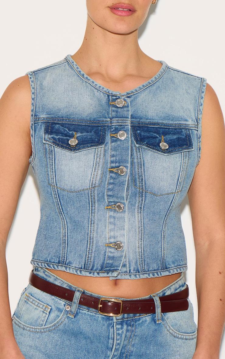  Mid Blue Wash Round Neck Sleeveless Denim Crop Top Product Image