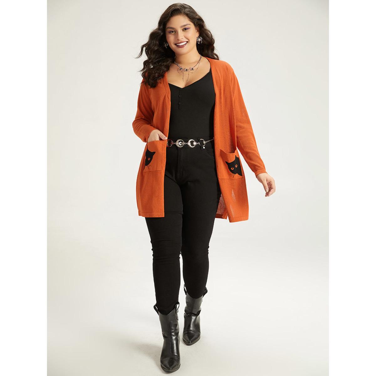 Plus Size Halloween Cat Print Split Side Patched Pocket Cardigan Coral Women Casual Loose Long Sleeve Festival-Halloween Cardigans BloomChic 10/M Product Image
