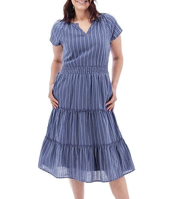 Aventura Colmar Stripe Organic Cotton Dobby Woven Split V-Neck Smocked Waist TIered Midi Dress Product Image