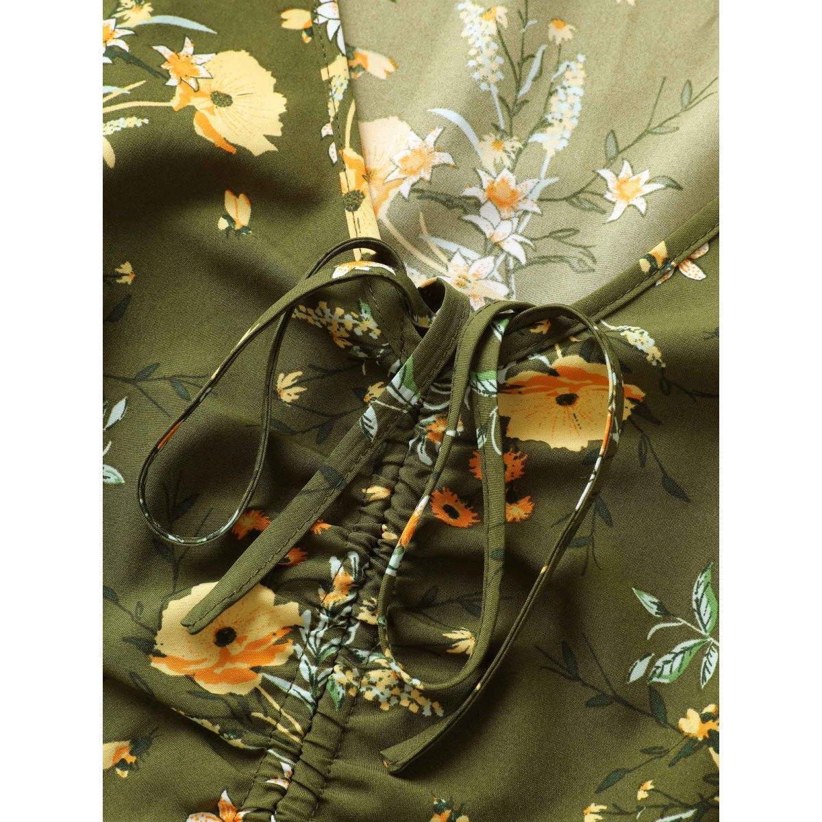Plus Size Floral Elastic Waist Drawstring Pocket Dress Moss Women Elegant Non V-neck Short sleeve Curvy Midi Dress BloomChic 18-20/2X Product Image