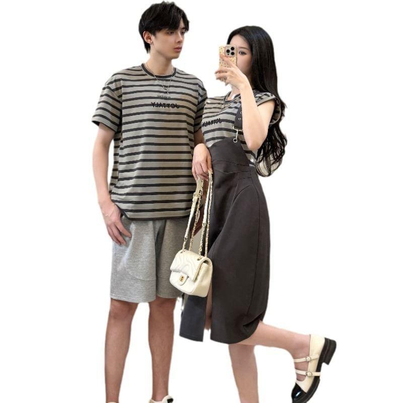 Couple Matching Cap-Sleeve Round Neck Mock Two-Piece Striped Ruched Slit Midi Sheath Dress / Short-Sleeve Tee / Plain Wide Leg Shorts (Various Designs) Product Image