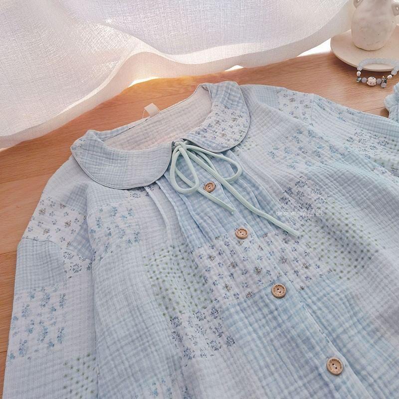 Pajama Set: Long-Sleeve Peter Pan Collar Floral Print Lace Panel Button-Up Top + Pants Product Image