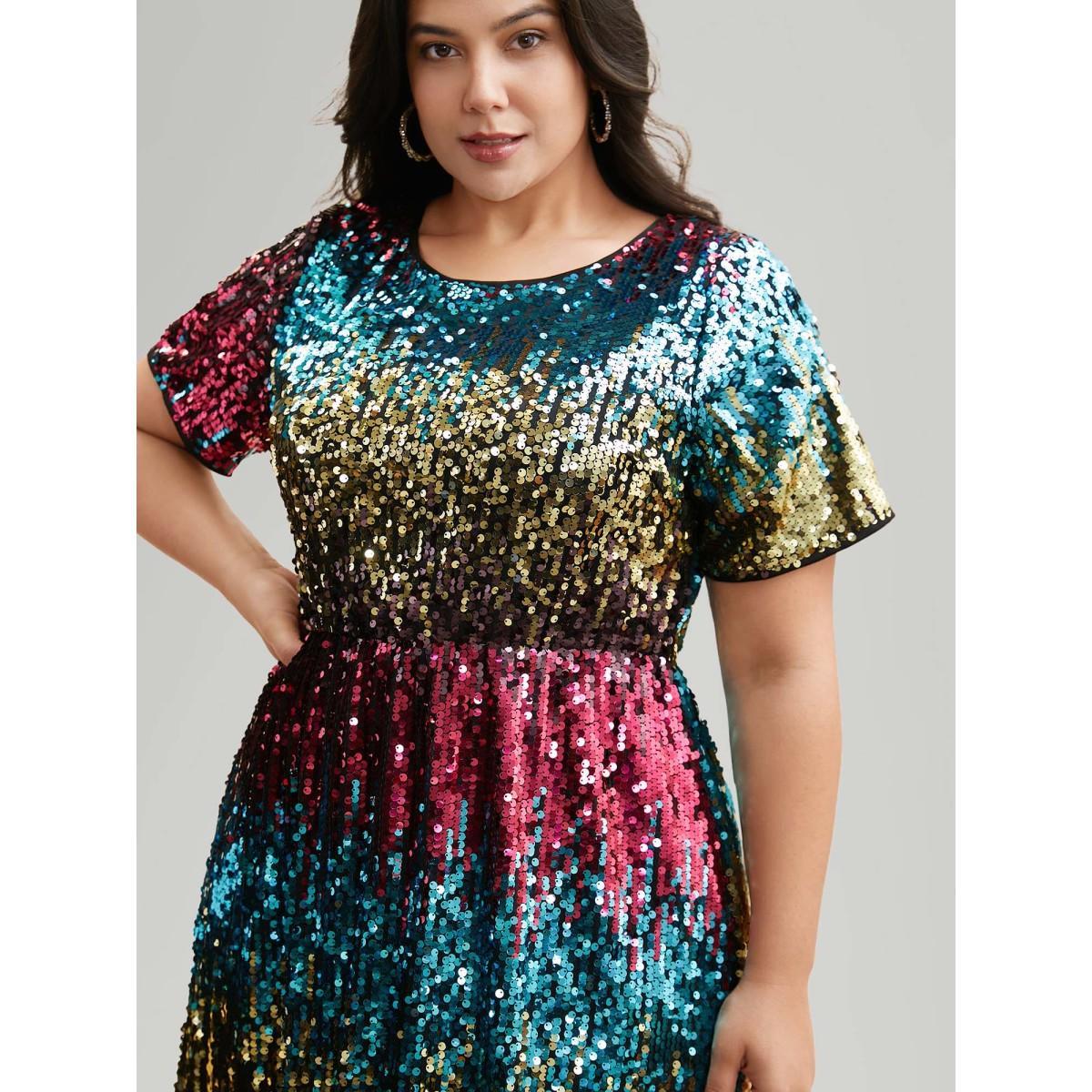 Plus Size Round Neck Ombre Sequin Dress Multicolor Women Cocktail Texture Party Curvy Bloomchic 18-20/2X Product Image