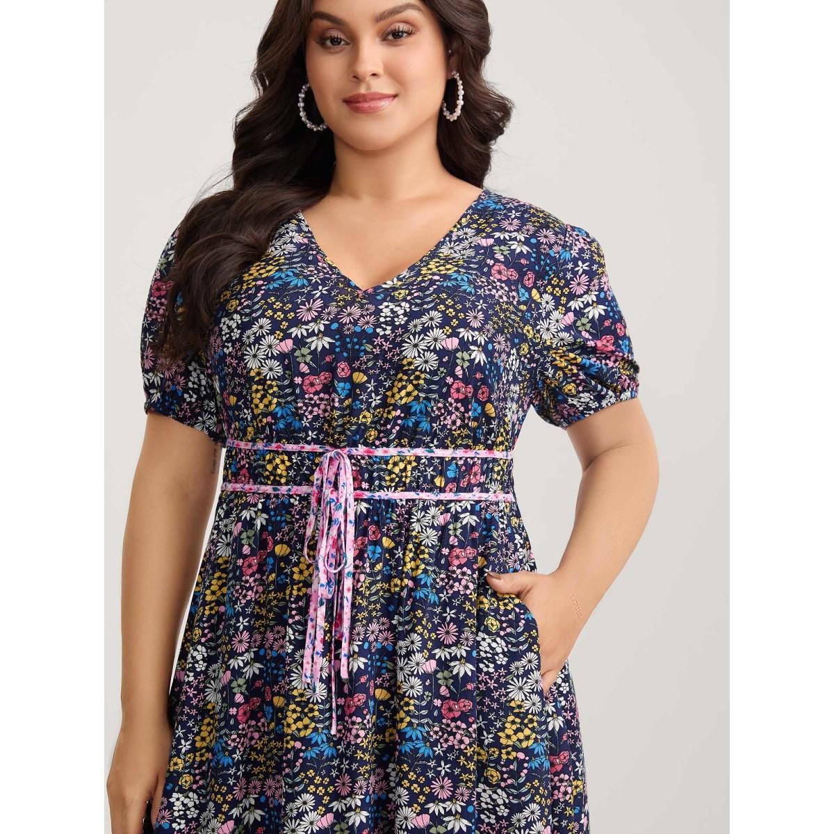 Plus Size Rayon Floral Print Contrast Pockets Midi Dress Indigo Women V-neck Short sleeve Curvy BloomChic 12/L Product Image