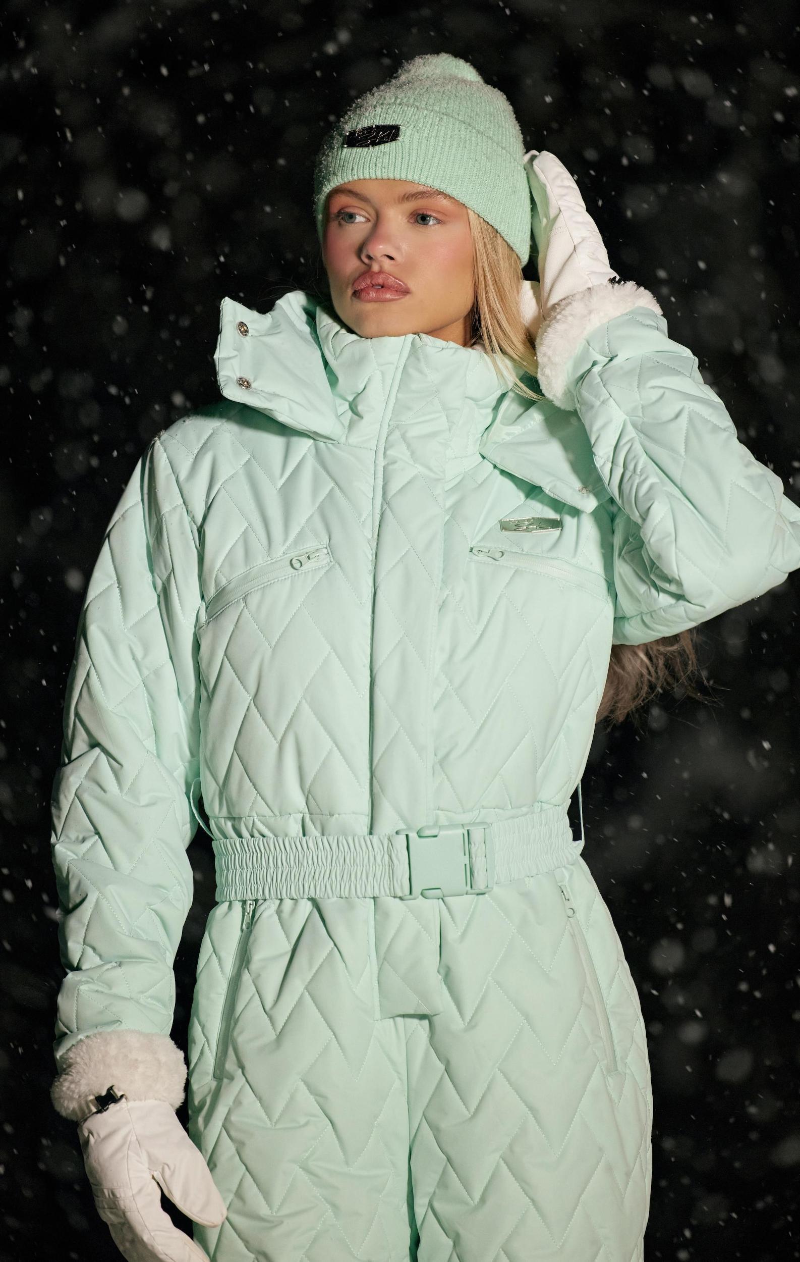PRETTYLITTLETHING SKI Mint Chevron Quilted Belted Snow Suit Product Image
