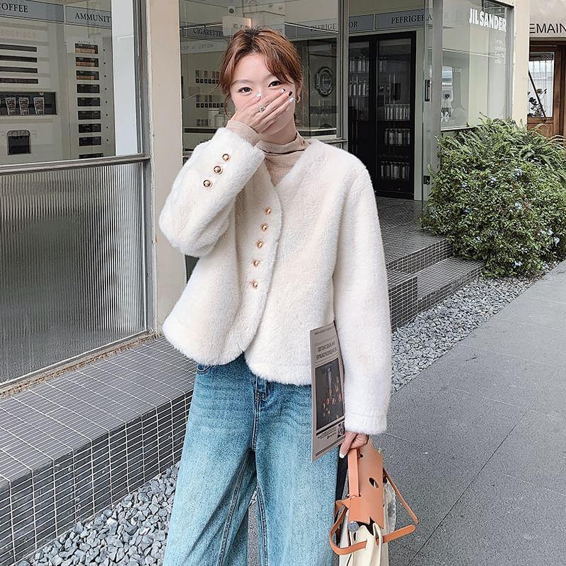 V-Neck Faux Fur Button-Up Jacket Product Image