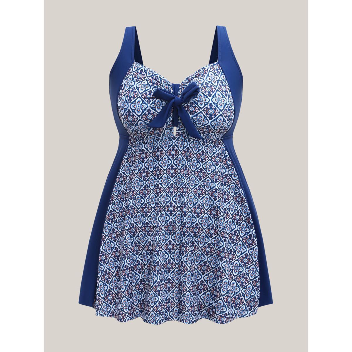 Plus Size Boho Print Adjustable Front Knot Swim Dress Women's Swimwear Indigo Beach Bodycon Heart neckline High stretch Curve Swim Dresses BloomChic 18-20/2X Product Image
