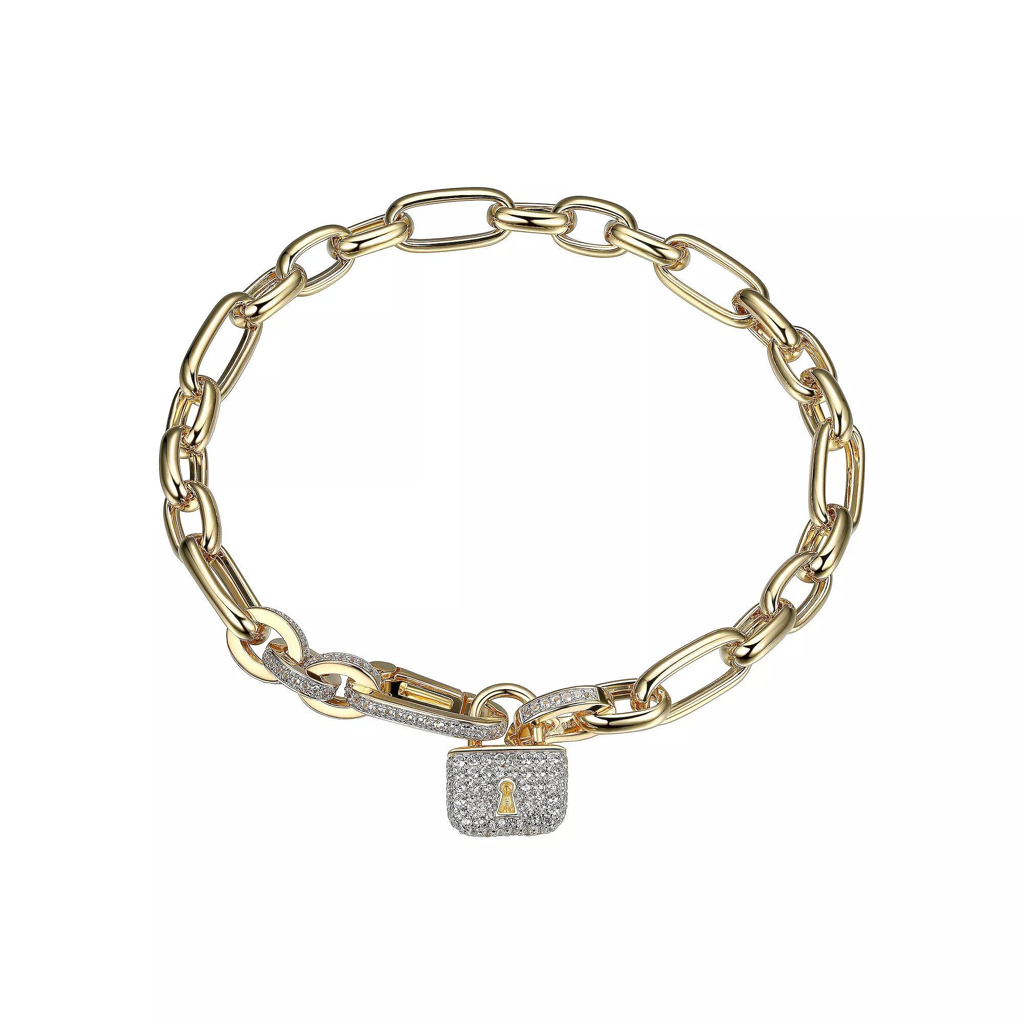 18k Gold Over Silver Lab Created White Sapphire Lock Charm Bracelet, Women's, Size: 8", Gold Tone Product Image