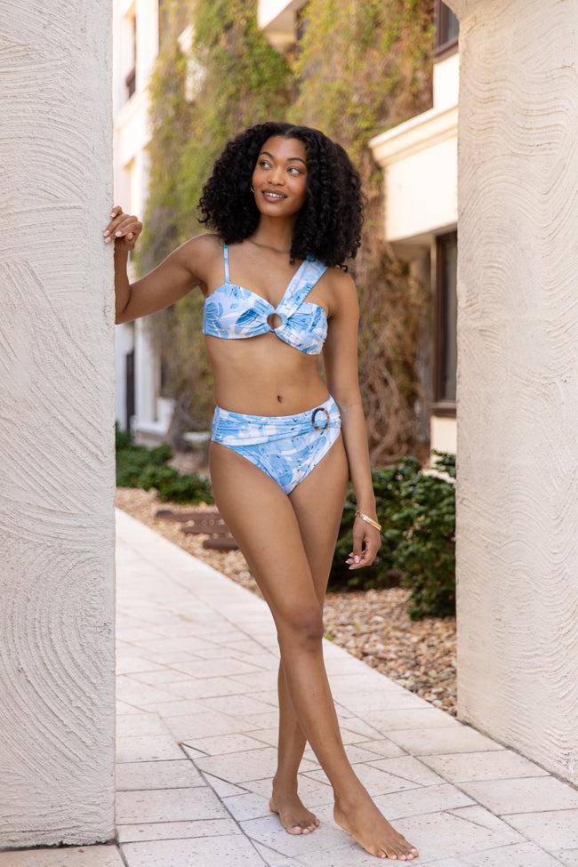 On The Water Blue Printed Asymmetrical Bandeau Bikini Top FINAL SALE Product Image
