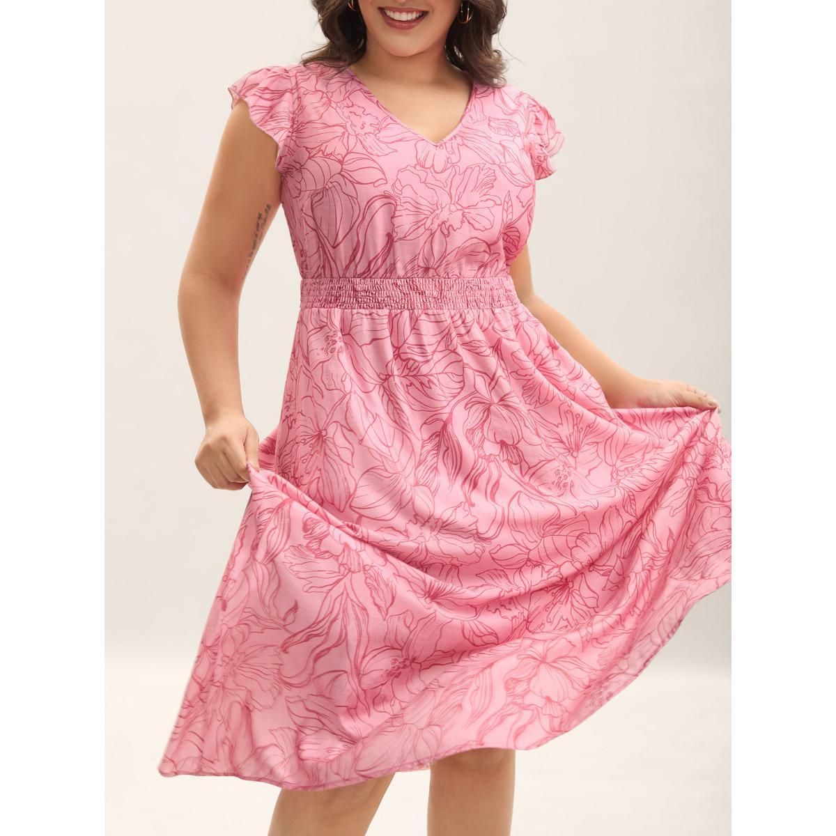 Plus Size Floral Lines Cinched-Waist Pockets Midi Dress Blush Women V-neck Cap Sleeve Curvy BloomChic 18-20/2X Product Image