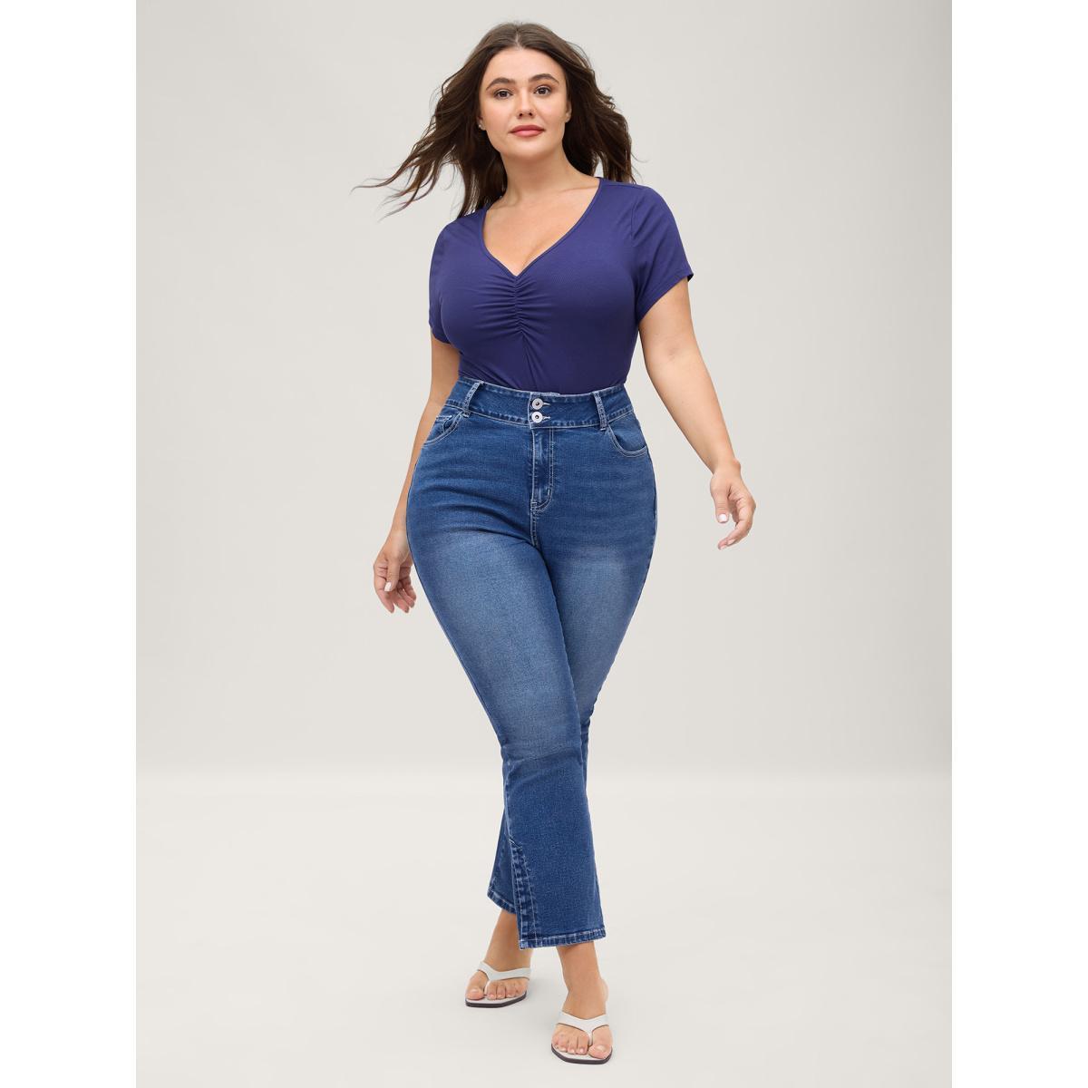 Plus Size Stretch No-Gap Waist Slit Hem Jeans Women Midblue Casual Slit High stretch Slanted pocket Jeans BloomChic 18/2X Product Image