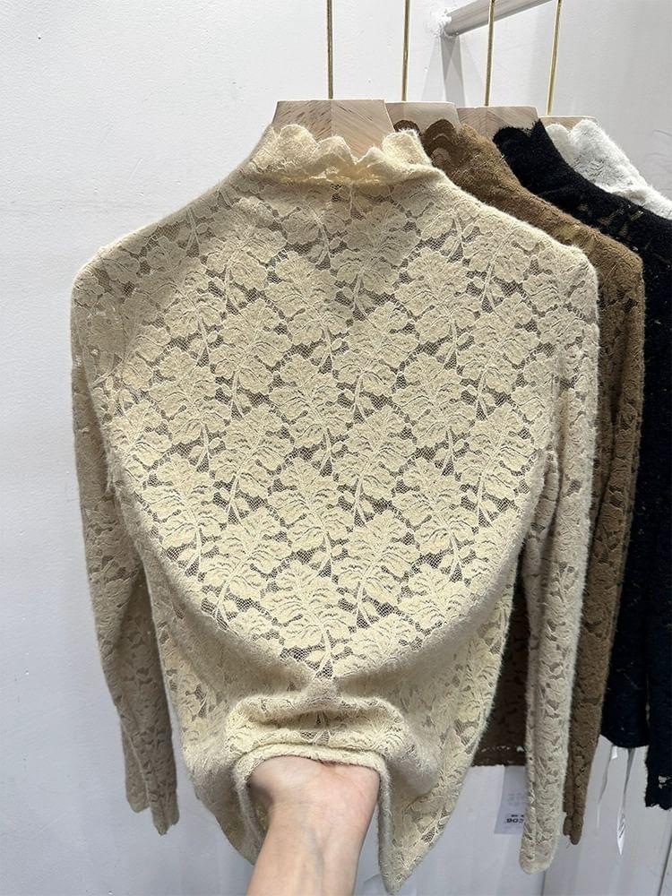 Long-Sleeve Turtleneck Plain Floral Lace Slim Fit Top Product Image