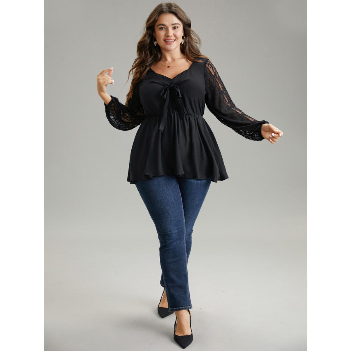 Plus Size Black Crochet Lace Bowknot Elastic Waist Blouse Women Elegant Long Sleeve Square Neck Dailywear Blouses BloomChic 26/4X Product Image