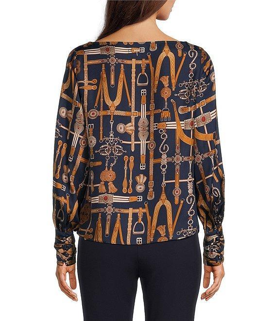 tyler boe Olivia Equestrian Silk Twill Printed Draped Cowl Neck Long Sleeve Blouse Product Image