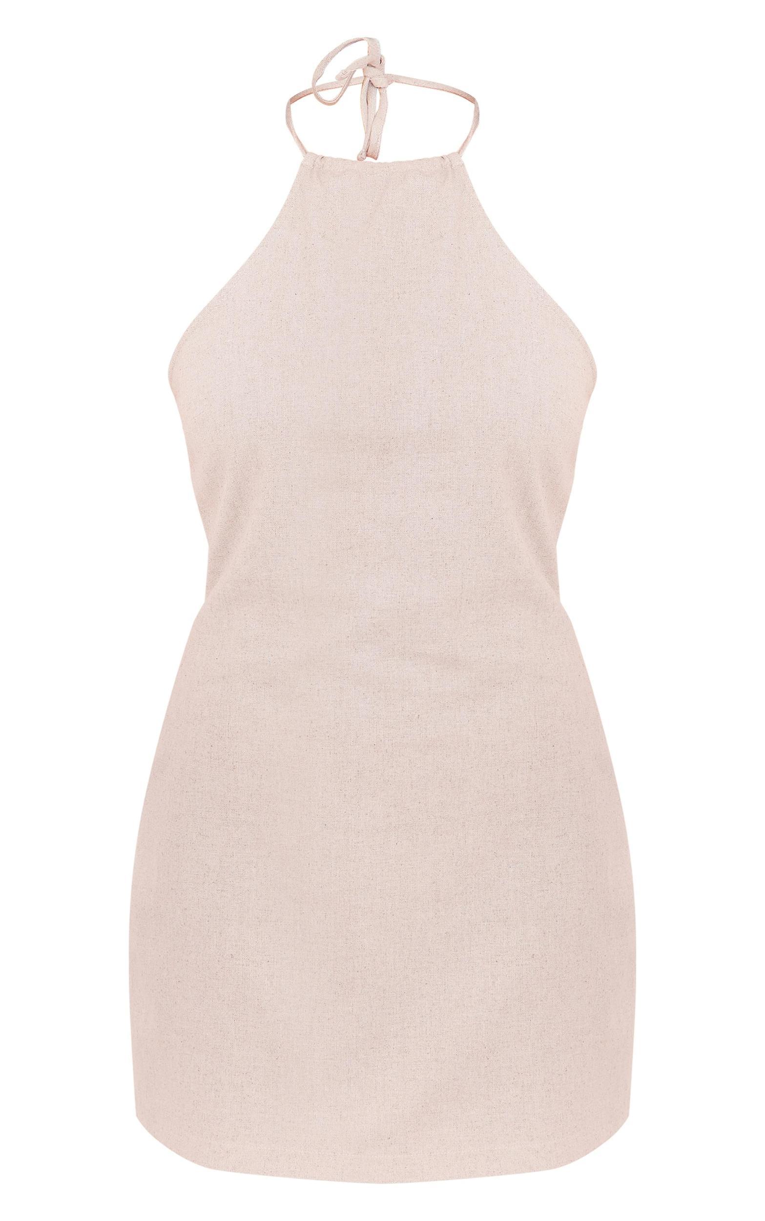 Oatmeal Halterneck Linen Look Shift Dress Product Image
