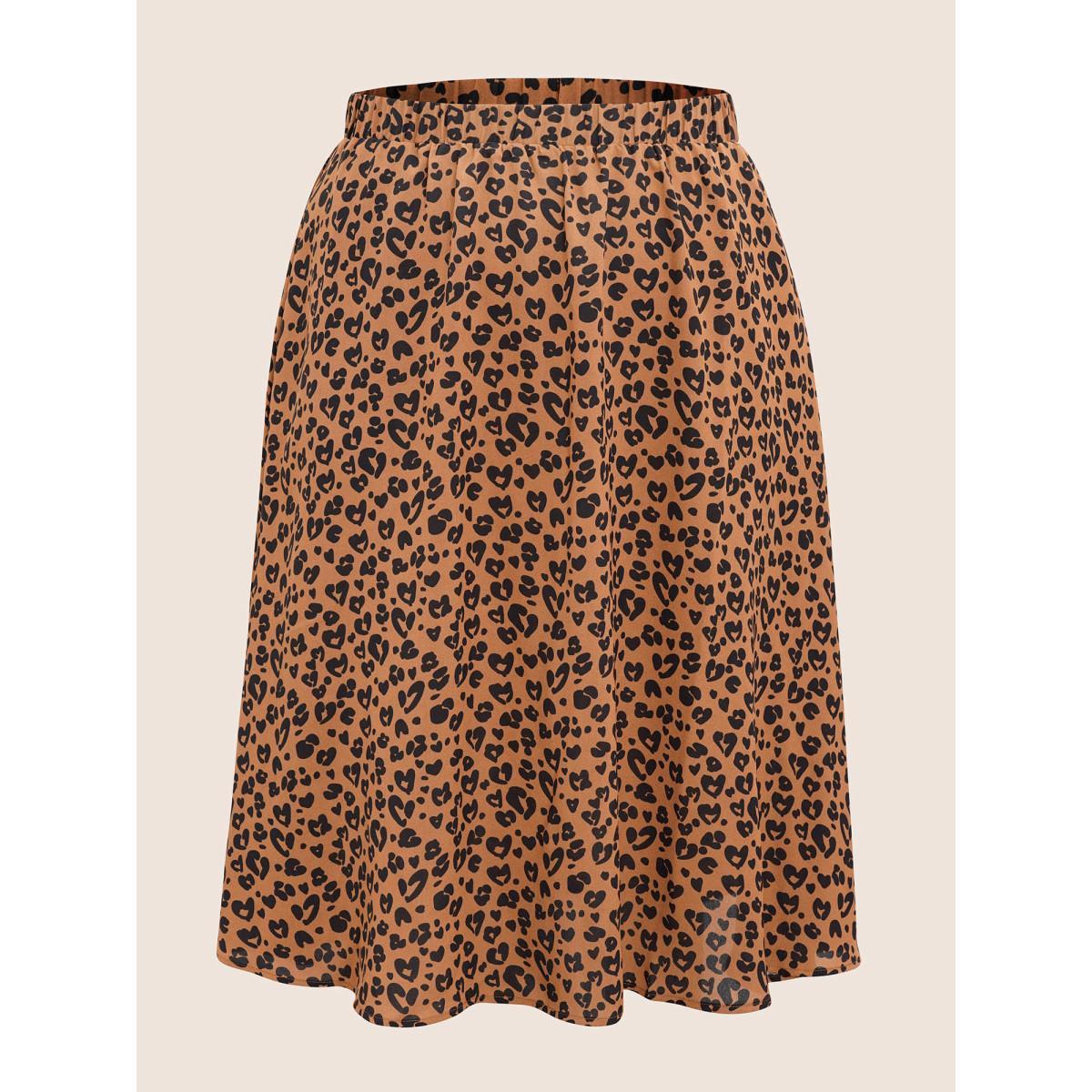 Plus Size Leopard Pocket Elastic Waist Cropped Skirt Women Chocolate At the Office Non No stretch Slanted pocket Work Skirts BloomChic 28/5X Product Image