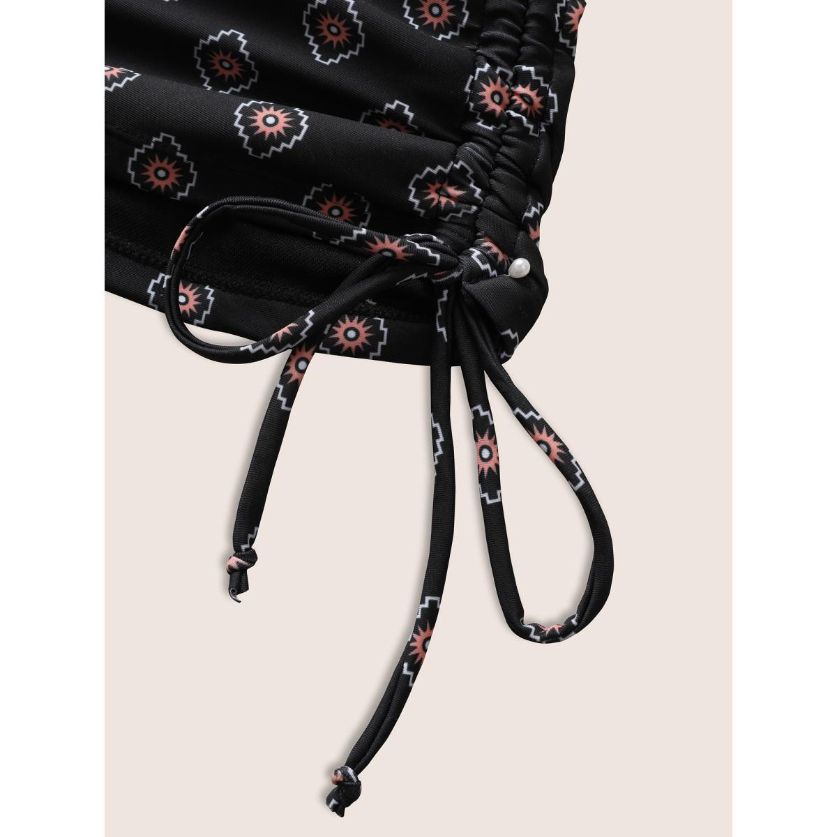 Plus Size V Neck Bandana Print Drawstring Swim Top Women's Swimwear Black Beach Tie knot High stretch Skinny V-neck Curve Swim Tops BloomChic 26/4X Product Image