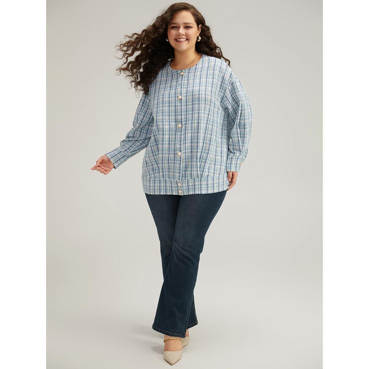 Plus Size Gingham Buckle Detail Button Through Jacket Women LightBlue Button Everyday Jackets BloomChic 26/4X Product Image
