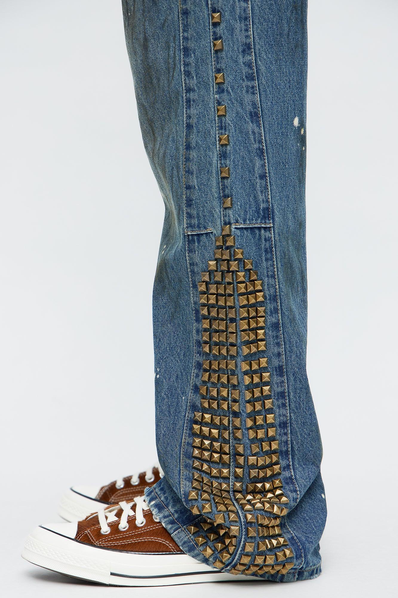 Slim Flare Put Me On Distressed Studded Jeans - Medium Blue Wash Product Image