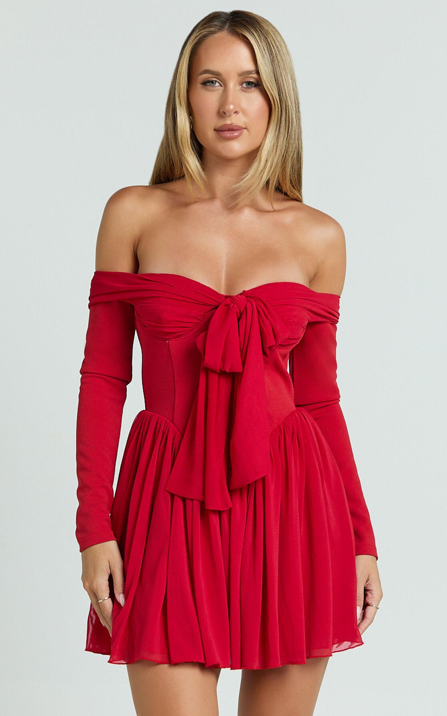 Bennett Mini Dress - Off Shoulder Long Sleeve V Waist Dress in Red Product Image