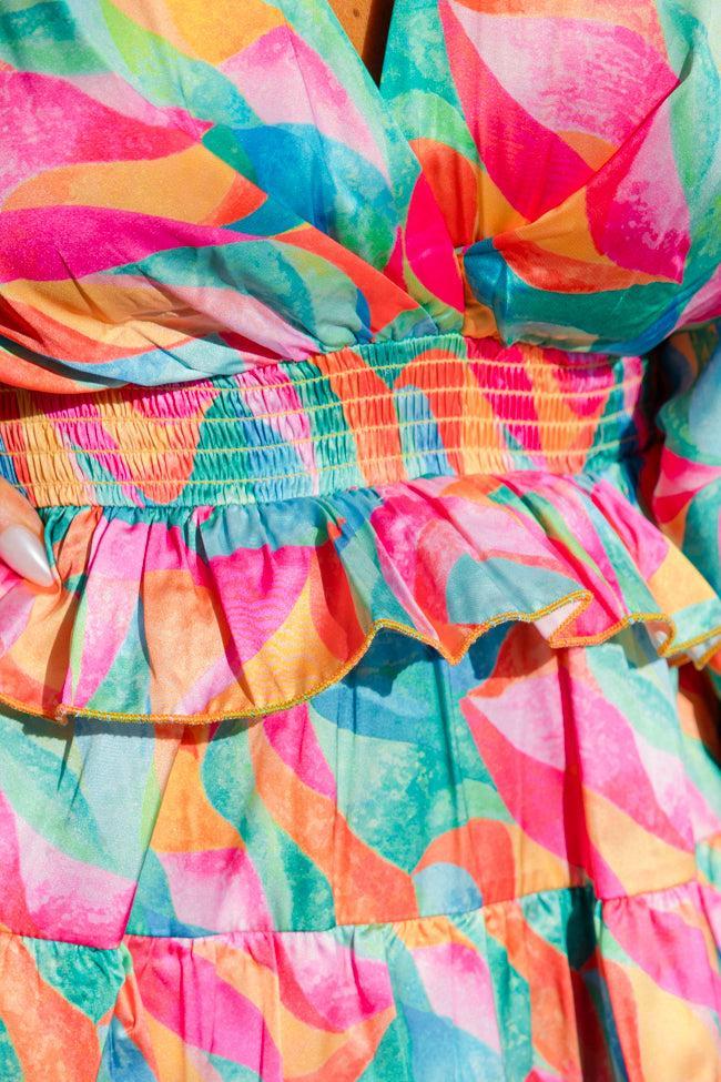 Fun And Flirty In Kaleidoscope Dreams Satin Ruffle Detail Dress SALE Product Image