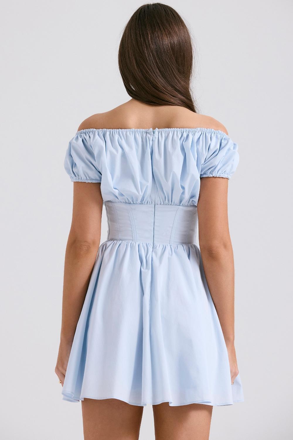 Nala Soft Blue Cotton Gathered Mini Dress Product Image