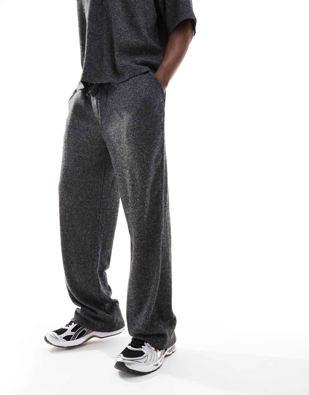 ASOS DESIGN heavyweight premium baggy pants with brushed rib in charcoal - part of a set Product Image