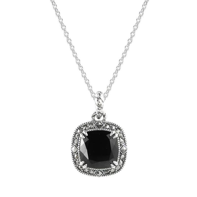 Lavish by TJM Sterling Silver Onyx & Marcasite Cushion Halo Pendant Necklace, Women's, Size: 18" Product Image