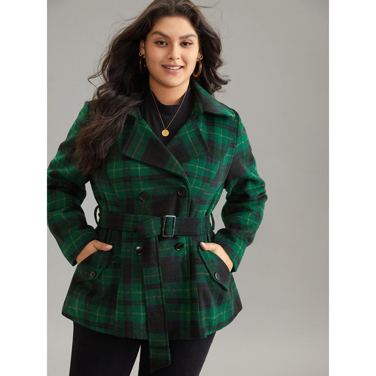 Plus Size Double Breasted Lapel Collar Pocket Belted Jacket Women DarkGreen Belted Pocket Belt Dailywear Jackets BloomChic 10/M Product Image