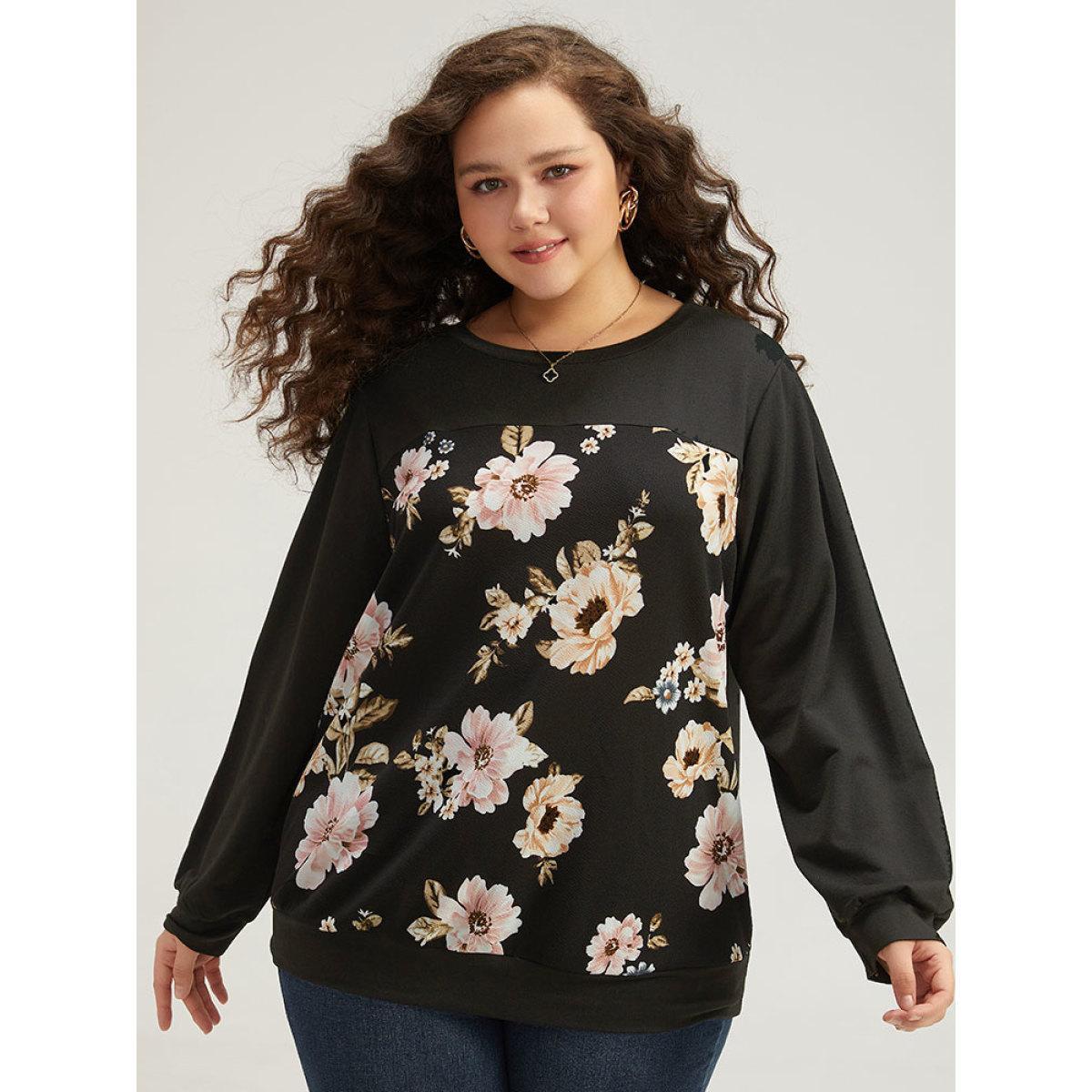 Plus Size Floral Print Patchwork Round Neck Sweatshirt Women Black Elegant Patchwork Round Neck Dailywear Sweatshirts BloomChic 22-24/3X Product Image