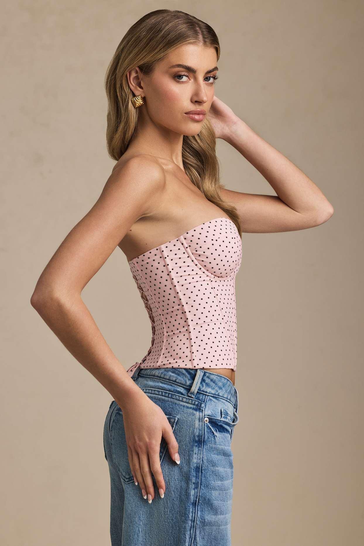 Lace-Up Strapless Corset Top in Pink Polka Dot Product Image