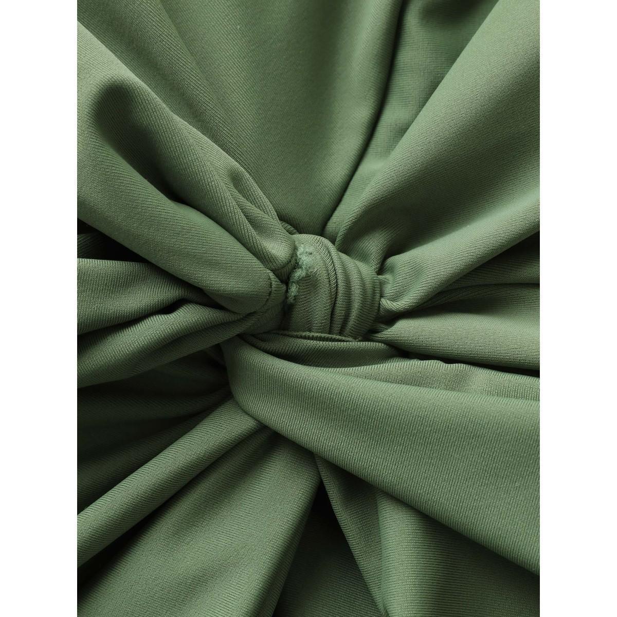 Plus Size Plain Twist Front Gathered Swim Dress Women's Swimwear ArmyGreen Beach Bodycon V-neck High stretch Curve Swim Dresses BloomChic 12/L Product Image