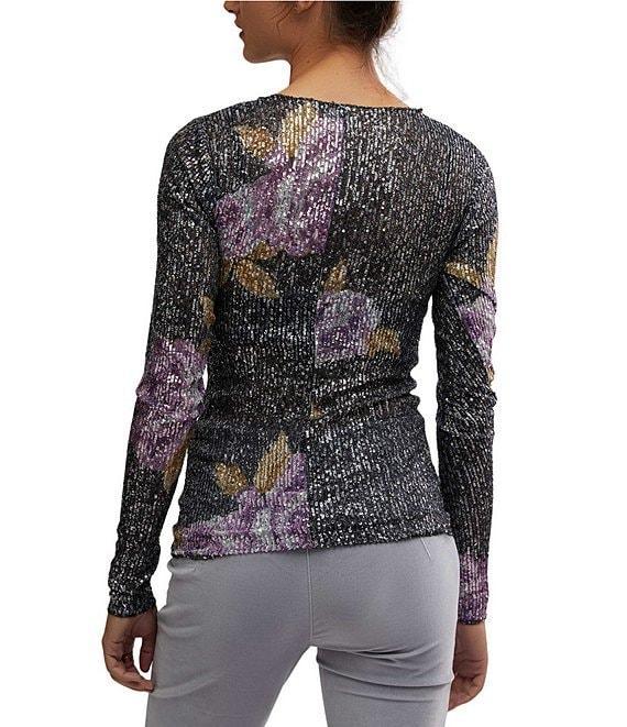 Free People Gold Rush Floral Print Sequin Crew Neck Long Sleeve Top Product Image