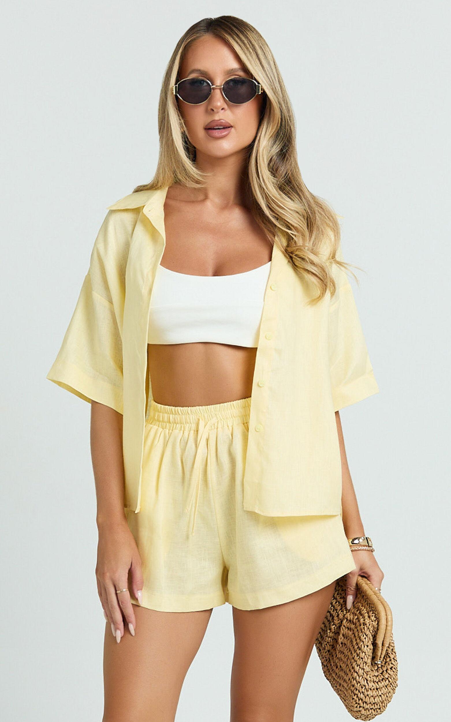 Ramona Linen Shorts - Drawstring Linen Shorts in Lemon Product Image