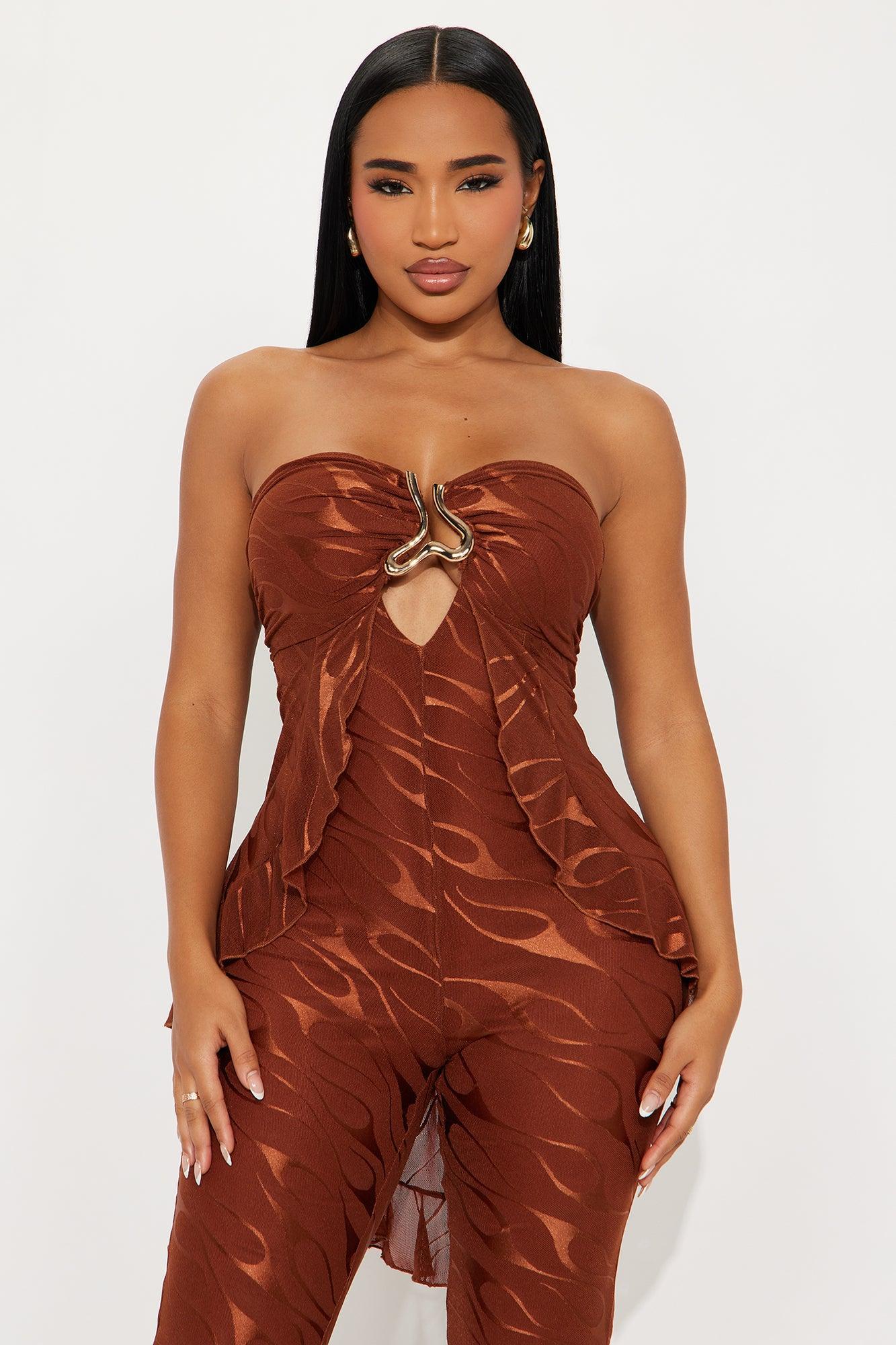 Weekend Glow Mesh Strapless Jumpsuit - Rust Product Image