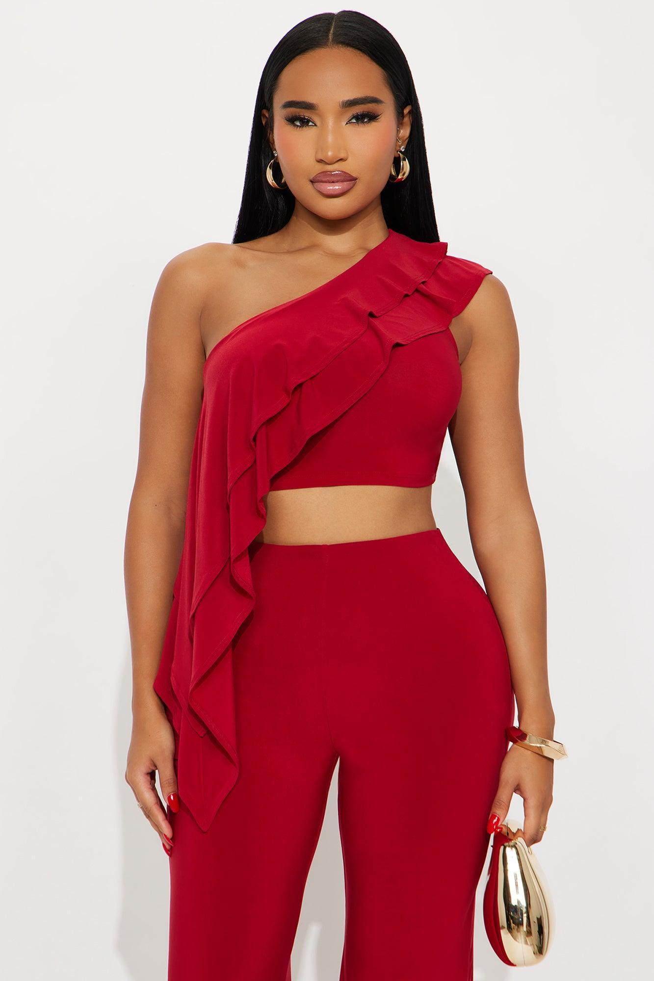 Camila One Shoulder Pant Set - Red Product Image