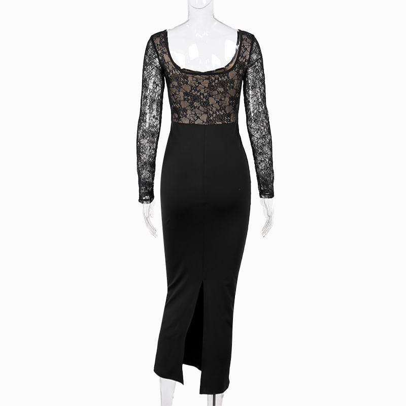 Long Sleeve Square Neck Lace Up Panel Lace Maxi Sheath Dress Product Image
