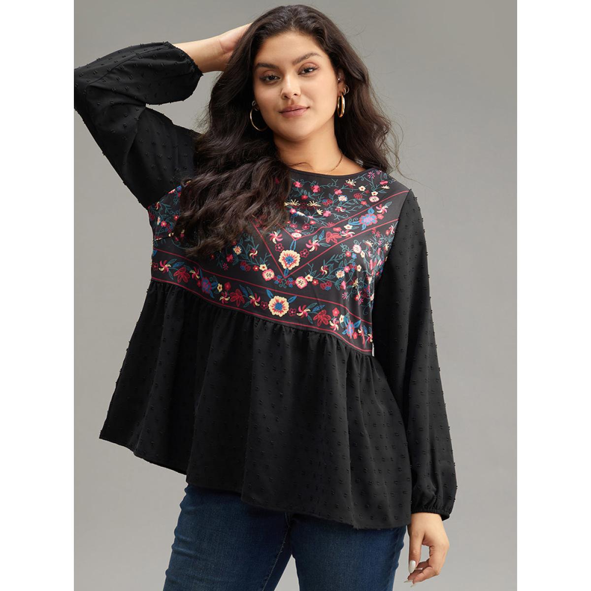 Plus Size Black Boho Print Patchwork Lantern Sleeve Gathered Blouse Women Vacation Long Sleeve Round Neck Dailywear Blouses BloomChic 30/6X Product Image