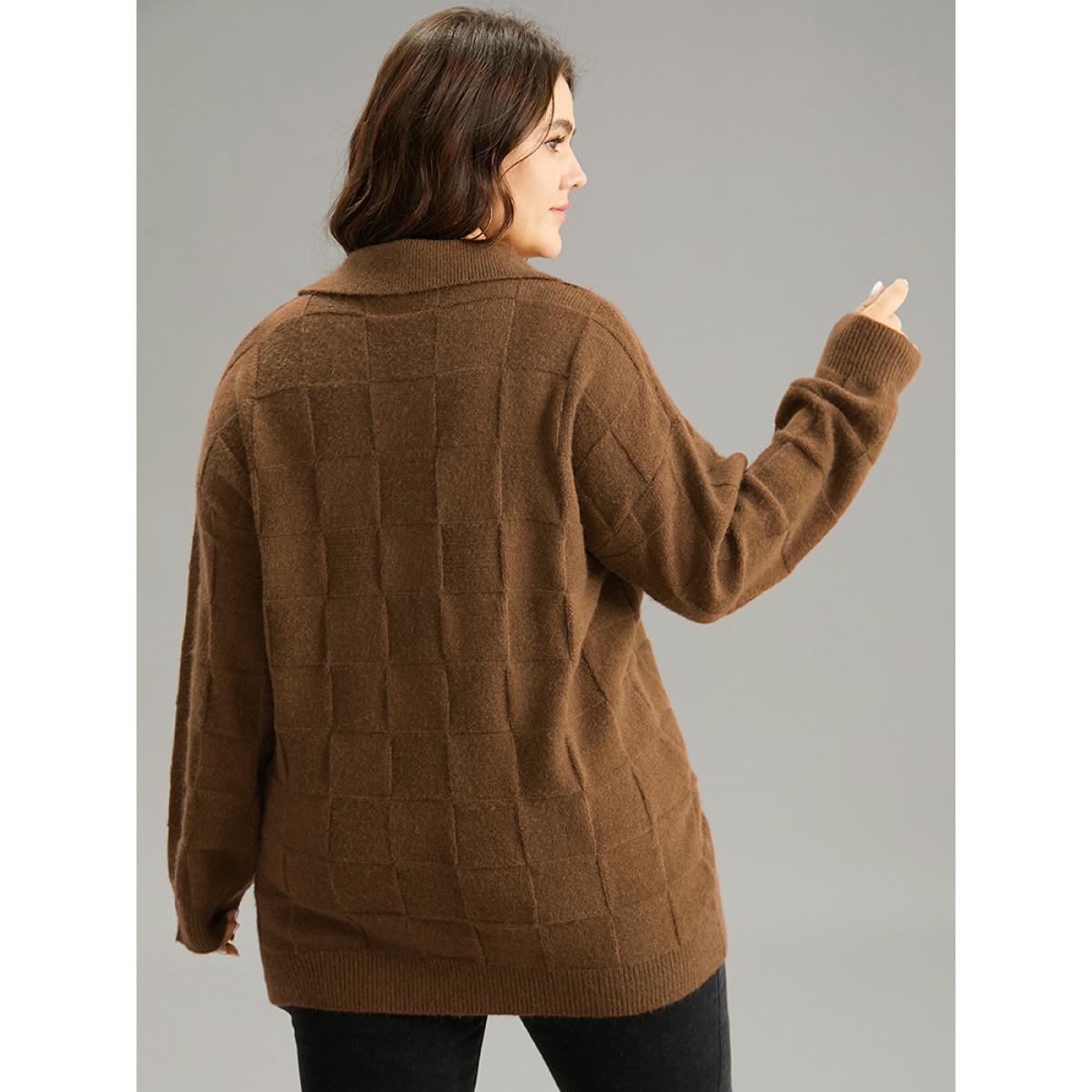 Plus Size Anti-Pilling Plisse Lapel Collar Pullover DarkBrown Women Casual Loose Long Sleeve Lapel Collar Dailywear Pullovers BloomChic 28/5X Product Image